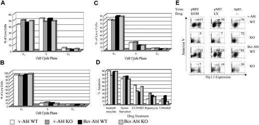 Figure 3. Comparable cell cycle, survival, and drug sensitivity in wild-type and Pik3r1 null cell lines. BCR-ABL- or v-ABL-transformed cells of the indicated genotypes were cultured for 24 hours in either diluent alone (0.1% EtOH) (A), or treated with LY294002 (B) or rapamycin (C), then fixed and stained with propidium iodide to determine DNA content. The percentages of live cells in G0/G1, S, and G2/M stages of cell cycle were calculated using ModFit LT software. (D) The percentages of apoptotic cells under the indicated conditions were assessed by subdiploid DNA content using Cell Quest plots (BD Biosciences, San Diego, CA) of propidium iodide fluorescence. Graphs are representative of at least 3 experiments per condition and at least 3 different cell lines per genotype. (E) Cell lines were retrovirally infected with pMIT or pMIT-Δp85, then cultured in the presence of LY294002 (LY) or EtOH before analysis by FACS 20 hours after infection. The extent of apoptosis in cells with different levels of Thy1.1 expression was determined by Annexin V staining. The number in the upper-right quadrant represents the percentage of dying cells among the population expressing high levels of the Thy1.1 marker.