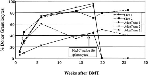 Figure 4. Administration of 30 × 106 naive B6 splenocytes 17 weeks after BMT to mixed chimeras prepared with anti-CD8, 3 Gy TBI, and anti-CD154 leads to loss of chimerism. Mixed chimeras were prepared with anti-CD8, 3 Gy TBI, anti-CD154, and B10.A BMCs. Percentage of donor granulocytes in peripheral WBCs are shown for individual animals. Similar profiles of donor chimerism were observed in CD4, CD8, B-cell, and monocyte lineages.