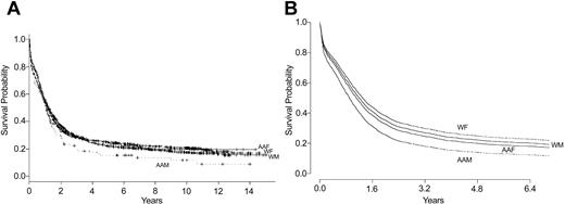 Figure 1. Survival by race and sex. (A) Unadjusted results (Kaplan-Meier plot). P = .04 for unadjusted comparison of survival of African American men with all other groups. (B) Adjusted results (log-rank test). P = .004 for comparison of survival of African American men with all other groups. AAF indicates African American women (n = 156); AAM, African American men (n = 114); WF, white women (n = 1067); and WM, white men (n = 1233).