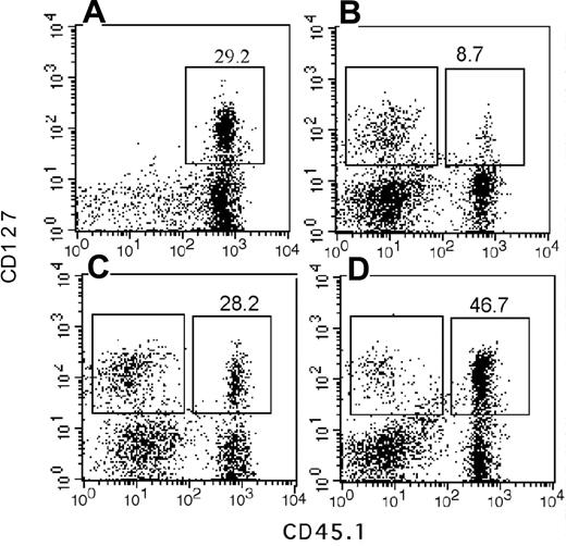 Figure 6. Fewer IL-7R–positive cells in the progeny of My-bi HSCs. Shown are immunofluorescence plots of spleen cells stained for CD127 (IL-7R) and the donor-type marker CD45.1 from control mice (A) and chimeric mice that had received My-bi (B), balanced (C), or Ly-bi (D) HSCs 7 months earlier. Percentages of IL-7R–positive cells among the donor-type cells are indicated above the gates. Absolute numbers of donor-type cells were 34.7, 57.8, and 46.1 for mice shown in panels B, C, and D, respectively. Mean fluorescence levels for donor- and host-type cells of IL-7R–positive cells are shown in Table 2.