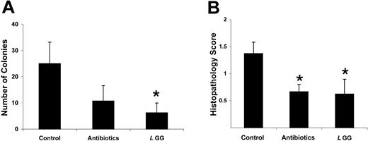Figure 2. Bacterial translocation and gut histopathology. (A) Number of colonies from mesenteric lymph nodes at day 13 after allogeneic transplantation. Lymph nodes were harvested from 4 mice receiving allogeneic transplants, homogenized, and plated on solid bacteria growth media. Number of colonies were counted after 24 hours (*P = .07, control versus L rhamnosus GG, Mann-Whitney test). (B) Histopathology score of terminal ileum at day 22 after allogeneic transplantation. Animals receiving antibiotics (4 animals per group) (*P < .04, Mann-Whitney test) or L rhamnosus GG (*P < .1, Mann-Whitney test) displayed reduction in histopathology when compared with animals receiving autoclaved drinking water only.