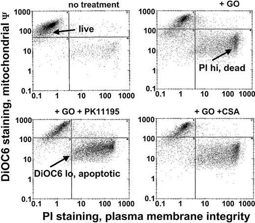 Figure 1. GO cytotoxicity can be measured in multiparameter flow cytometry assays. After drug treatments, TF1 cells were exposed to the potentiometric dye DiOC6(3) and the DNA dye propidium iodide (PI) that were used to identify apoptotic cells with reduced mitochondrial membrane potential (low DiOC6(3) staining) and dead cells with absent plasma membrane integrity (high PI staining), respectively, so that live (not apoptotic, not dead) cell fractions could be assessed. The GO-sensitizing activity of PK11195 was measured as further decreased live cell fractions in GO plus PK11195 cotreated cells. ψ indicates membrane potential.