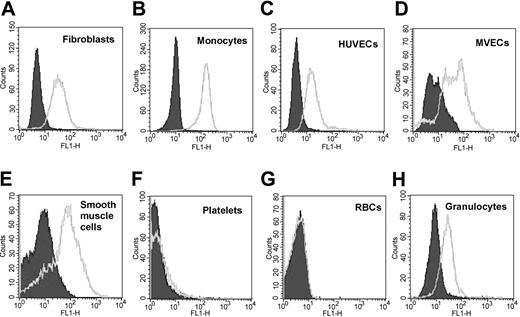 Figure 2. Expression of antigen recognized by 1B10 by a variety of cell types. Fibroblasts (A), human umbilical vein endothelial cells (HUVECs) (C), microvascular endothelial cells (MVECs) (D), and smooth muscle cells (E) were cultured and CD14+ monocytes (B), granulocytes (H), platelets (F), and red cells (RBCs) (G) were isolated as described in “Materials and methods.” These cells were then stained with 1B10 MoAb or a control murine monoclonal IgM, followed by rabbit antimouse IgM-FITC and analyzed by flow cytometry. Labeling with control IgM antibody is shown in solid filled curve. Open histograms denote cell-specific antibody.