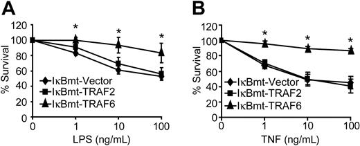 Figure 3. TRAF6 inhibits endothelial apoptosis independently of NF-κB activation. Double-transduced endothelial cells (as labeled) were treated with LPS and CHX (50 μg/mL; A) or TNF (without CHX; B) for 16 hours. Cell survival was measured by neutral red incorporation and normalized to cells treated with CHX alone (A) or to vehicle-treated cells (B). Data shown are the mean plus or minus SEM of 6 independent experiments, each done in triplicate. *P < .05.
