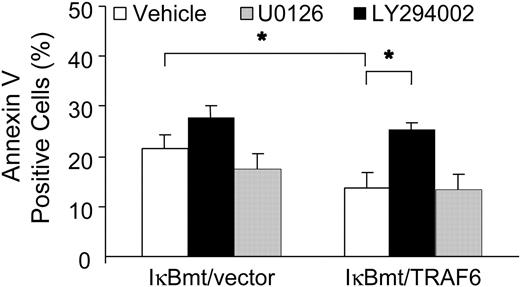 Figure 9. Inhibition of PI3K abrogates the TRAF6 protective effect. Double-transduced endothelial cells (as labeled) were treated with LPS (100 ng/mL) and CHX (50 μg/mL) for 8 hours following a 60-minute pretreatment with vehicle or specific inhibitor as indicated. Apoptotic cells were quantitated by labeling with Alexa 594-conjugated annexin V. Results shown are the increase in percentage of annexin V-positive cells over CHX treatment alone, and represent the mean plus or minus SEM of 3 independent experiments. *P < .05.