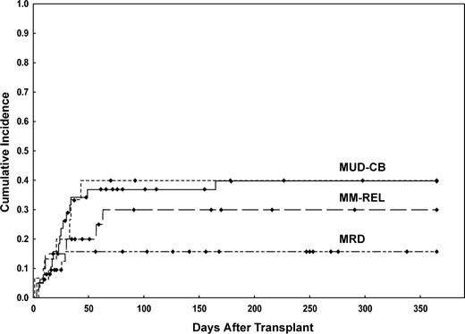 Figure 1. Cumulative incidence of hemorrhagic cystitis by donor type. Cumulative incidence was similar for all subgroups during the first month after transplantation; excessive incidence among MUD, MM rel, and UCB became evident after that time period. No cases of hemorrhagic cystitis were documented among matched related donor transplantations after the first month. Cumulative incidence of HC was as follows: MRD, 16% (95% CI 7-35); MM rel, 30% (95% CI 16-58); MUD, 40% (95% CI 27-60); and UCB, 40% (95% CI 22-74). MUD indicates matched unrelated donor; UCB, unrelated cord blood; MM rel, mismatched related (1 antigen mismatch); MRD, matched related donor.