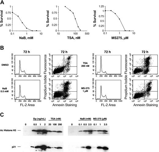 Figure 3. Cytotoxicity assay, cell cycle, and annexin V analysis of HUT78 cell line treated with other HDIs. (A) Cytotoxicity assay was performed on HUT78 cells treated for 3 days with varying concentrations of sodium butyrate (NaBu), trichostatin A (TSA), or MS-275 in the presence or absence of valspodar. Data are shown on a logarithmic scale. (B) Cell cycle analysis and annexin V staining shown for cells treated for 48 hours. (C) HUT78 cells were treated for 48 hours with the amount of depsipeptide, TSA, NaBu, or MS-275 as indicated. Whole cell lysates were prepared, and 10 μg/mL of proteins were separated by PAGE. Immunoblots were performed using antibodies against acetylated histone H3, demonstrating histone deacetylase activity of the individual HDIs, and p21, demonstrating the induction of gene expression by each individual HDI.