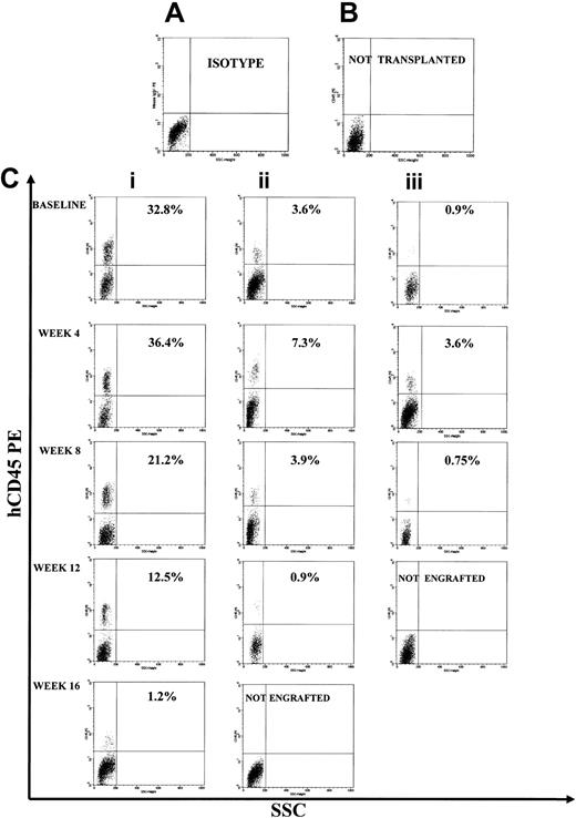 Figure 4. Representative FACS profile of primary, secondary, and tertiary engraftment in the BM of NOD/SCID mice after injection of human CB CD34+ cells at start of cultures and of their progeny at different times of continuous long-term expansion. (A) Isotype control. (B) Representative FACS profile of marrow cells from a NOD/SCID mouse that had not received a transplant. (C) Primary, secondary, and tertiary engraftment was evaluated in the BM of a NOD/SCID mouse injected 8 weeks previously with 3 × 105 CB CD34+ cells or 20 × 106 unseparated BM cells of a primary or secondary mouse. The level of human engraftment in the mouse BM was evaluated by FACS analysis (a positive mouse was defined by the presence of ≥ 0.1% human CD45+, CD71+, and GpA+ cells on total BM cells), confirmed by DNA analysis as described in “Patients, materials, and methods.” Total engraftment (CD45+ cells and GpA+ cells) was performed within the total, unseparated BM cells in individual NOD/SCID mice. Numbers in the upper right quadrants indicate the level of human CD45 engraftment.