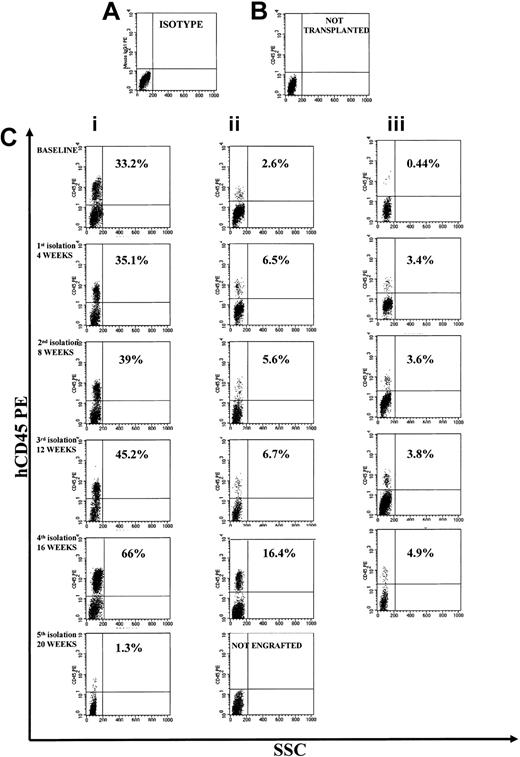 Figure 5. Representative FACS profile of primary, secondary, and tertiary engraftment in the BM of NOD/SCID mice after injection of human CB CD34+ cells at start of cultures and of their progeny at different times of fractionated long-term expansion. (A) Isotype control. (B) Representative FACS profile of marrow cells from a NOD/SCID mouse that had not received a transplant. (C) Primary, secondary, and tertiary engraftment was evaluated in the BM of a NOD/SCID mouse that was injected 8 weeks previously with 3 × 105 CB CD34+ cells or 20 × 106 unseparated BM cells of primary or a secondary mouse. The level of human engraftment in the mouse BM was evaluated by FACS analysis (a positive mouse was defined by the presence of ≥ 0.1% human CD45+, CD71+, and GpA+ cells on total BM cells), confirmed by DNA analysis as described in “Patients, materials, and methods.” Total engraftment (CD45+ cells and GpA+ cells) was performed within the total, unseparated BM cells in individual NOD/SCID mice.