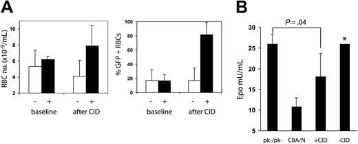 Figure 5. Erythropoietin levels decrease with CID administration. Six mice (depicted in Figure 4) were used as samples to measure erythropoietin levels in CID-treated and control mice. RBC numbers were measured 10 weeks after the last CID administration; RBC numbers and the percentage of GFP-positive RBCs had fallen to baseline (A-B, baseline). Three of the 6 mice were treated with 10 μg/kg CID 3 days a week for 2 weeks, then every day for 2 weeks, at which time all mice were killed (week 67 after transplantation). (A) Erythrocyte numbers and the percentage of GFP-positive erythrocytes increased in CID treated mice (+) relative to untreated mice (-). (B) Erythropoietin levels were measured in the 6 mice, 3 CBA/N mice, and 3 CBA-Pk-1slc/Pk-1slc mice (PK-/PK-). Treated mice had erythropoietin levels between those of CBA/N mice and those of CBA-Pk-1slc/Pk-1slc mice. *Data from 1 of the untreated mice with an erythropoietin level of 570 mU/mL was not included in the bar chart.