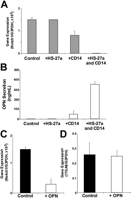 Figure 6. Decreased expression of Notch1 gene in CD34+ cells cocultured with HS-27a and monocytes. (A) CD34+ cells were isolated from apheresis products obtained from G-CSF-mobilized healthy donors. The CD34+ cells were seeded in a Transwell insert and cultured in media containing G-CSF, IL-3, IL-6, SCF, and 10% FCS. The bottom chamber contained either no cells (control), HS-27a cells (+HS-27a), CD14+ cells (+CD14), or HS-27a plus CD14+ cells (+HS-27a and CD14). The CD34+ cells were harvested after 4 days, and total RNA was isolated for determination of Notch1 gene expression by a Syber Green real-time PCR assay, normalized to G3PDH gene expression. (B) Conditioned media from the above cultures were collected, and OPN secretion was measured by ELISA. (C-D) The CD34+ cells were seeded in a Transwell insert and cultured in the presence or absence of 1 μg/mL OPN in addition to the growth factor cocktail for 4 days (+OPN or control, respectively). (C) Notch1 and (D) integrin alpha 6 (ITGA6) gene expression were determined by a Syber Green assay as described for panel A. The data represent the average ± SD for at least 2 samples.