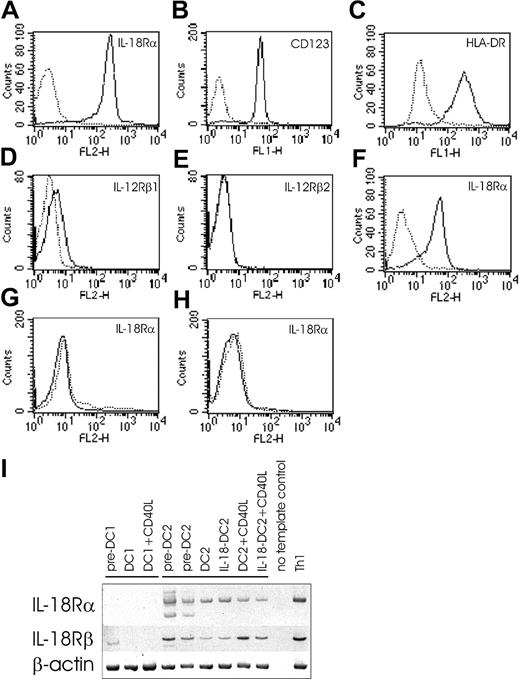 Figure 3. IL-18R expression in DC2 lineage. (A-H) FACS surface analysis. IL-18Rα surface expression on pre-DC2s (eg, plasmacytoid DCs) (panel A). Identity and purity of pre-DC2s as determined by IL-3Rα (CD123) (panel B) and HLA-DR (panel C) expression. Pre-DC2s were negative for lineage markers (not shown). IL-12Rβ1 (panel D) and IL-12Rβ2 (panel E) expression on pre-DC2s. IL-18Rα surface expression on DC2s (panel F), pre-DC1s (panel G), and DC1s (panel H). Solid lines indicate the specific antibodies, and dotted lines indicate isotype-matched immunoglobulin controls. (I) PCR analysis of IL-18Rα and IL-18Rβ chain on DC1 and DC2 lineage, and Th1-polarized cells (positive control). An IL-18Rα fragment spanning nucleotides 833 to 1523 was amplified in DC2 lineage as a 690-bp band. Please note that in pre-DC2s, in addition to the expected band, another smaller band was reproducibly coamplified. Nucleotides 940 to 1589 of IL-18Rβ chain were amplified in DC2 lineage and in pre-DC1s, resulting in a band at 649 bp. As a positive control for IL-18Rα and IL-18Rβ, mRNA was obtained on day 6 of coculture of naive Th cells with DC1s, at which time Th cells abundantly express surface IL-18Rα as determined by FACS analysis (data not shown). Control amplification was performed for β-actin.