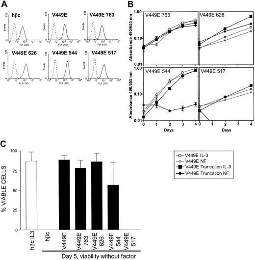 Figure 2. Effect of V449E cytoplasmic truncations on factor-independent growth and viability. (A) Cell surface expression of the indicated FLAG-tagged hβc proteins on FDB1 cells expressing cytoplasmic truncations of the V449E activated mutant. Infected cells (solid lines) were stained with an anti-FLAG monoclonal antibody and compared with identically stained uninfected cells (dotted lines). (B) Proliferation of FDB1 cells expressing cytoplasmic truncations of the V449E activated mutant. Growth without factor (NF indicates no factor) (diamonds) is shown compared with growth with the control cytokine IL-3 (squares). Results representative of at least 3 independent experiments are shown. Error bars indicate the SD of triplicate samples. (C) Viability of cells without factor at day 5 after factor withdrawal. Cell viability was determined by trypan blue exclusion, and the combined results of at least 3 independent experiments are shown. Error bars represent the SD of at least 3 independent experiments.