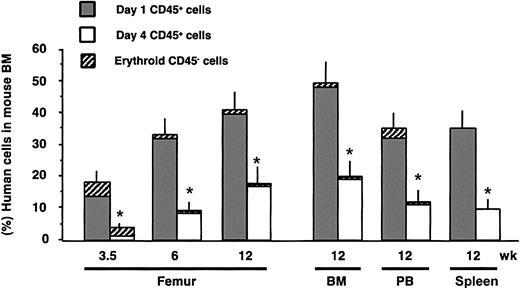 Figure 2. Kinetics of human engraftment. Each bar represents the mean percentage of human engraftment in the periodically sampled BM of mice and in the hematopoietic tissues. Human grafts from the cohort of mice described in Figure 1I were analyzed by flow cytometry and depicted as the percentage of nonerythroid CD45+ (▦, □) plus erythroid CD45–CD36+ (▨) cells. *P < .05 for day 1 versus day 4.