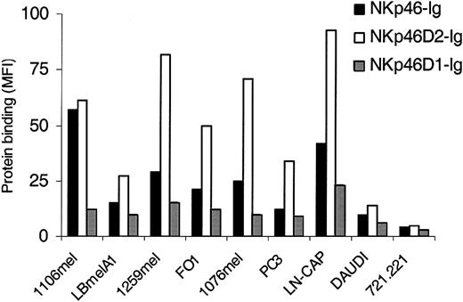 Figure 7. The recognition of tumor cells by NKp46 is confined to the membrane proximal domain. Melanomas (1106mel, LBmelA1,1259mel, 1076mel), prostate carcinomas (PC3, LN-CAP), and EBV-transformed B cells (DAUDI, 721.221) were stained with NKp46-Ig, NKp46D1-Ig, or NKp46D2-Ig fusion proteins followed by PE-conjugated goat antihuman Fc. Figure shows one representative experiment of more than 30 performed.
