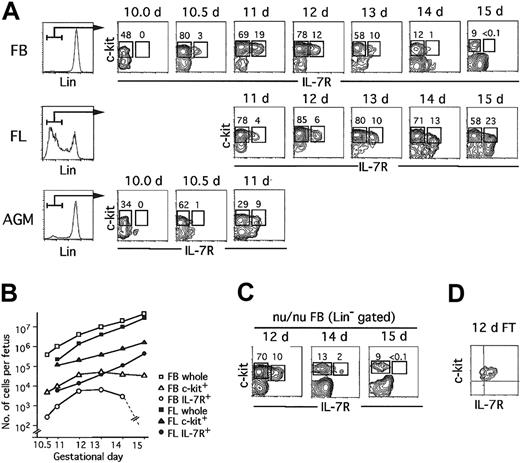 Figure 1. Identification of Lin–c-kit+IL-7R+ cells in the fetal circulation at various gestational ages. (A) FB cells from 10.0- to 15-dpc fetuses were 3-color stained with anti-Lin (TER, Gr-1, Thy-1, B220, CD19), anti–c-kit, and anti–IL-7R. The FACS profiles of c-kit versus IL-7R on Lin– cells are displayed in the top lane. FL cells from 11- to 15-dpc fetuses and cells from 10.0- to 11-dpc AGM region were also examined. The histograms shown in the left part of the figures indicate Lin expression profiles of 10.5-dpc FB, 11-dpc FL, and 10.0 AGM cells, and gates for Lin– fractions. The numbers in the panels represent the percentage of Lin– cells in each area indicated by a box. (B) Kinetics of the appearance of Lin–c-kit+ (c-kit+) cells and Lin–c-kit+IL-7R+ (IL-7R+) cells in FB and FL at various gestational ages are shown. Numbers of whole FB and FL cells per fetus are also plotted. (C) FB cells from 12-, 14-, and 15-dpc fetuses from nude mice were 3-color stained with anti-Lin, anti–c-kit, and anti–IL-7R. The expression profiles of c-kit versus IL-7R on Lin– cells are displayed. (D) FT cells from 12-dpc fetuses were stained in 3 colors with anti-Lin, anti–c-kit, and anti–IL-7R. The expression profile of c-kit versus IL-7R on Lin– cells is displayed.