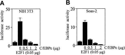 Figure 6. Direct repression of E2F1-mediated transcription by C/EBPϵ. NIH 3T3 cells or Soas-2 cells were either transfected with an E2F-responsive reporter vector (pGL3B/3 × E2F, 1 μg) or cotransfected with an E2F-responsive reporter vector (1 μg), along with an E2F1 expression vector (0.05 μg). Where indicated, a C/EBPϵ expression vector was added to the transfections. All transfections included the pRL-SV40 vector (0.2 μg). Results represent the mean of triplicate transfections. The experiments were repeated 3 times.