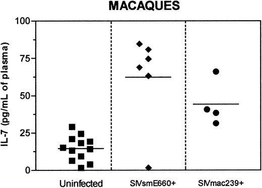 Figure 1. Cross-sectional analysis of plasma IL-7 levels in rhesus macaques. Plasma IL-7 levels are depicted for 12 uninfected (▪), 6 SIVsmE660-infected asymptomatic at the time of sampling (♦), and 4 SIVmac239-infected rhesus macaques which progress to simian AIDS and death (•). The minimum detectable level of IL-7 was 0.10 pg/mL.