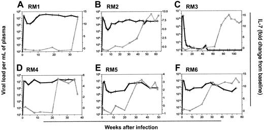 Figure 3. Elevated IL-7 levels do not alter viral load in SIVmac239-infected macaques. Plasma viral load (black lines, +; viral RNA copies/mL) and plasma IL-7 levels (gray lines, ▦) presented as fold change from the baseline are depicted for macaques RM1 through RM6 (A-F, respectively).