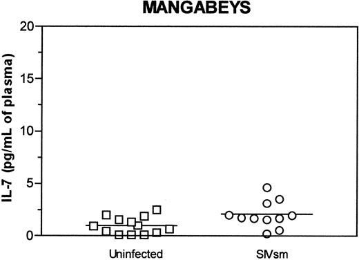 Figure 6. Cross-sectional analysis of plasma IL-7 levels in sooty mangabeys. Plasma IL-7 levels are depicted for 13 uninfected (□) and 11 SIVsm-infected (○) sooty mangabeys, a species that does not progress to simian AIDS. Mean of each group is shown by horizontal line. The minimum detectable level of IL-7 was 0.10 pg/mL.