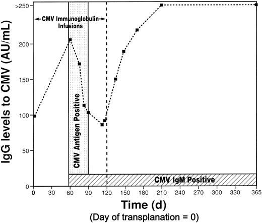 Figure 2. Time course of CMV immunoglobulin. The period of detectable circulating CMV antigenemia is highlighted. CMV immunoglobulin infusions were given for the first 120 days only.