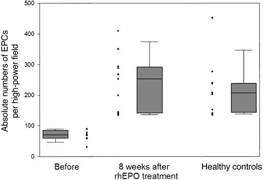 Figure 2. Absolute numbers (and box plots) of EPCs per high-power field before and after 8 weeks of rhEPO treatment in 11 patients with renal anemia. For comparison, we show absolute EPC numbers of 11 age- and sex-matched healthy subjects. The absolute number of functionally active EPCs in renal patients before rhEPO therapy was significantly lower than in healthy subjects (P < .01), but increased to comparable levels during treatment with rhEPO.
