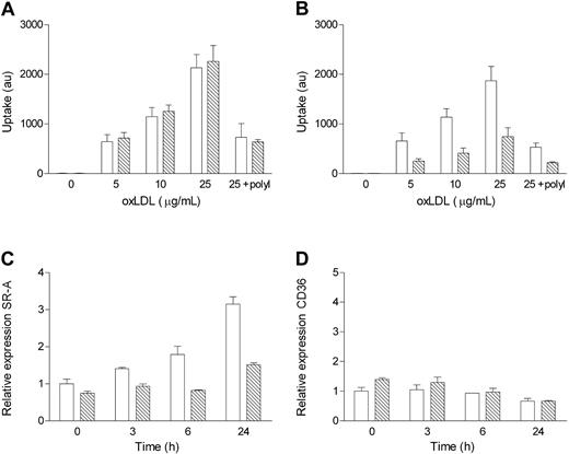 Figure 5. In vitro characterization of oxLDL uptake by NF-κB1-/- and wild-type macrophages. (A) Uptake of DiI-labeled oxLDL by wild-type and NF-κB1-/- macrophages. (B) Uptake of DiI-labeled oxLDL by wild-type and NF-κB1-deficient macrophages stimulated overnight with LPS before uptake. Expression of (C) scavenger receptor class A (SR-A) and (D) CD36 after indicated times of activation with LPS (10 ng/mL) was quantified using qPCR. Bars represent wild-type (□) and NF-κB1-/- (▧)) BM-derived macrophages. (A-B) Representative for 3 experiments. (C-D) Representative for 2 experiments. Error bars indicate SD.