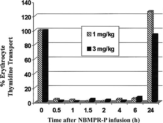 Figure 1. In vivo inhibition of erythrocyte thymidine transport in a rhesus monkey following intravenous infusion of NBMPR-P. This graph shows the percentage of inhibition of tritiated thymidine transport in peripheral blood erythrocytes after treatment with either with 1 mg/kg (▧) or 3 mg/kg (▪) of NBMPR-P. As a reference point to define 100% transport function, baseline levels were determined immediately before drug infusion (0 hours). The relative levels of inhibition are shown at various time points, including 24 hours after infusion.