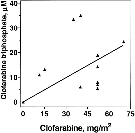 Figure 3. Dose-dependent accumulation of clofarabine triphosphate. Blood samples were obtained at the end of clofarabine infusion to isolate leukemia cells. Normal and analog nucleotides were extracted using perchloric acid, and the triphosphate was measured using HPLC and was calculated as described in “Patients, materials, and methods.” The number of patients at each dose level was 1 each at 11.5, 15, 35, and 70 mg/m2, 2 at 40 mg/m2, and 5 at 52 mg/m2.