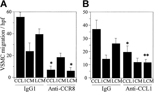Figure 3. CCL1 and the conditioned medium resulting from incubation of Lp(a) with human umbilical vein endothelial cells induce chemotaxis of VSMCs that is inhibited by anti-CCR8 and anti-CCL1. CCL1 (100 ng/mL) or the CM obtained following incubation of DMEM (CM) or Lp(a) (150 μg/mL) (LCM) with HUVECs for 6 hours at 37°C was tested for VSMC chemotaxis as described in “Materials and methods.” Murine monoclonal antibody against CCR8, the isotypic IgG1 control (A), or polyclonal goat anti-CCL1 and the goat IgG control (B), all at a concentration of 1 μg/mL, were also added to the bottom wells of the chemotaxis chamber. (A) Anti-CCR8 significantly inhibited chemotaxis of VSMCs induced by CCL1 and LCM (*P < .00 001). The cell-stimulating activity of LCM was significantly greater than that of CM (P = .005). Inhibition of CM by anti-CCR8 was of borderline significance (P = .05). Neither DMEM nor Lp(a) added to the lower wells of the chemotaxis chamber induced significant VSMC chemotaxis (4.3 ± 1.4 and 7.1 ± 2.2 cells/high power field (hpf), respectively). These findings indicate that CCR8 mediates chemotaxis of VSMCs. (B) Anti-CCL1 significantly inhibited chemotaxis of VSMCs induced by CCL1 and LCM (*P = .007 and **P = .002, respectively). CM was not significantly inhibited by anti-CCL1. The cell-stimulating activity of LCM was significantly greater than that of CM (P = .01). DMEM and Lp(a) alone induced 7.0 ± 3.3 and 11.7 ± 2.6 cells/high power field, respectively. These data demonstrate that the chemotaxis of VSMCs induced by LCM is due to the presence of CCL1. Error bars represent SD.