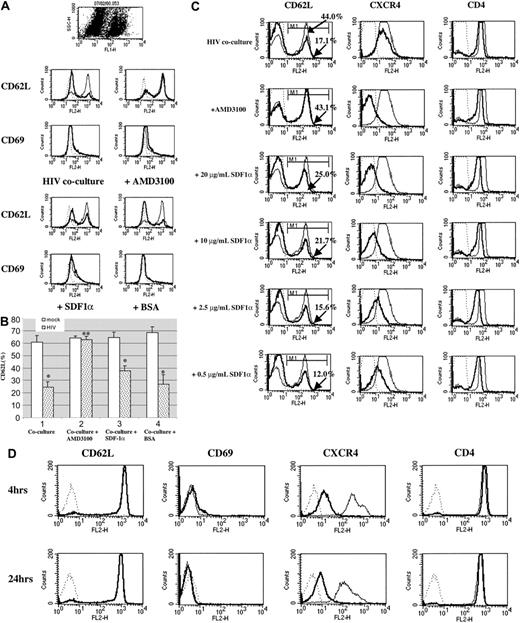 Figure 2. AMD3100, but not SDF-1α, completely inhibits HIV-induced L-selectin shedding on resting CD4+ T cells. CFSE-labeled human CD4+ T cells (2 × 106) were treated with medium, 1 μg/mL AMD3100, 10 μg/mL SDF-1α,or10 μg/mL BSA at 37°C for one hour, and cocultured with 2 × 106 HIV-1 NL4-3–infected or mock-infected Jurkat cells at 37°C for 16 to 20 hours. (A) The expression of L-selectin and CD69 on CFSE+ cells was determined by flow cytometry. Results shown are representative of 3 experiments. (B) As in Figure 1A, showing the average ± SEM of 3 independent experiments. *P < .05; **P > .05. (C) Dose response of SDF-1α in induction of L-selectin shedding. CFSE-labeled human CD4+ T cells were pretreated with media or with varying concentrations of SDF-1α at 37°C for one hour. After washing, human CD4+ T cells were mixed with HIV-1 NL4-3–infected or mock-infected Jurkat cells and cocultured at 37°C for 16 to 20 hours. The expression of L-selectin, CXCR4, and CD4 was analyzed by flow cytometry (gated on CFSE+ cells). Thick lines represent the expression of L-selectin, CXCR4, and CD4 on human CD4+ T cells cocultured with HIV-1 NL4-3–infected Jurkat cells; thin lines represent the expression of L-selectin, CXCR4, and CD4 on CD4+ T cells cocultured with mock-infected Jurkat cells; dotted lines represent the isotype control. The apparent decrease in expression of CXCR4 in the presence of AMD3100 is due to binding of AMD3100 to the same epitope as 12G5, the anti-CXCR4 Ab.21 (D) SDF-1α does not induce L-selectin shedding. Human CD4+ T cells were treated with media (thin line) or 2.0 μg/mL SDF-1α (thick line) at 37°C. The expression of L-selectin, CD69, CXCR4, and CD4 was analyzed after 4 hours or 24 hours of culture by flow cytometry. Dotted lines represent the isotype control. A representative experiment of 3 is shown.