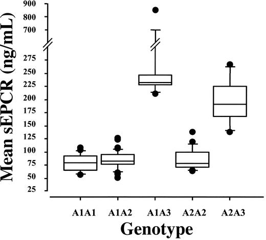 Figure 4. Plasma sEPCR levels according to the genotype in 100 healthy male volunteers. The mean ± SD (n, range; median) was 79.4 ± 16.6 ng/mL (20, 56.4-108.2; 79.5), 84.6 ± 16.3 (48, 50.5-126; 82.9), 314 ± 218.7 (8, 211.3-854.4; 235.1), 85.5 ± 20.3 (18, 63.3-137.5; 77.8), and 196.7 ± 46.2 ng/mL (6, 138.4-266.5; 190.5) for A1 A1, A1 A2, A1 A3, A2 A2, and A2 A3 subjects, respectively. When excluding the subject with atypical high sEPCR levels (854 ng/mL), mean ± SD (n, range; median) of A1 A3 subjects was 237.9 ± 20.2 ng/mL (7, 211.3-274.9; 233.1).