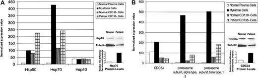 Figure 5. Elevated stress response and proteasome-related gene expression in MM cells versus healthy twin PCs. Normalized gene expression values in CD138+ and CD138– cells from BM from the patient with MM and the healthy twin were detected by gene chip Hu95av2 microarray profiling for heat shock proteins hsp 90, hsp 70, and hsp 40 transcripts (A); and proteasome-related genes CDC34, proteasome alpha and beta subunits (B). Cell lysates were prepared from MM cells and normal twin PCs, resolved by 10% SDS-PAGE, transferred onto nitrocellulose membranes, and then probed with (A) anti–hsp 70 and anti-actin Abs; or (B) anti-CDC34 and anti-actin Abs. Blots were developed by enhanced chemiluminescence, and relative protein expression in patient MM cells compared with normal twin PCs was calculated using densitometry.