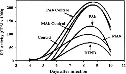Figure 4. Functional PDI is necessary for successful HIV-1 infection. HIV-1LAV was incubated with pm-1 cells for a 2-hour adsorption period. Inhibitors (1 mM DTNB, 25 μg/mL monoclonal anti-PDI Abs, and 40 μg/mL polyclonal anti-PDI Abs) were added after the viral adsorption period and replenished with media replacement every 2 days thereafter (days 4, 6, and 8). Isotype controls for MAb and PAb were included at concentrations equivalent to anti-PDI Abs. Values shown correspond to RT activity measured in supernatants harvested during the course of infection on days 4, 6, 8, and 10 and reflect the best fits of sample means that differed by not more than 15%. Data shown are representative of 2 experiments.