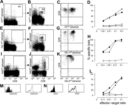 Figure 1. Detection and specific lysis of tetramer-positive, CD8+ T cells from PBMCs from multiparous female donors nos. 1, 3, and 4. (A,E,I) Staining of PBMCs with HYA2, HA-1A2, and HA-2A2 tetramers, respectively (y-axis) and CD8 antibody (x-axis) after magnetic bead depletion of CD4+, CD14+, CD16+, and CD19+ cells. (B,F,J) Analysis of cells collected after nonstringent sorting of the rare CD8+, tetramer-positive cells from region R1 for HYA2, HA1A2, and HA-2A2 tetramer, respectively (y-axis), and CD8 (x-axis) staining. In each donor, tetramer-specific cells could be clearly visualized after reanalysis of the cells sorted from region R1 (B,F,J). (M-N) Phenotype analysis of CD8+, HYA2 tetramer-positive cells from donor no. 1 in R2 for the markers CD45RA (M) and CD27 (N; filled histograms); control staining of tetramer-negative cells is represented by open histograms. Bright tetramer staining of polyclonal cultures expanded after double sorting of CD8+ HYA2 and HA-1A2 tetamer-staining cells (C,G). (K) Tetramer staining of a CTL clone generated from HA-2A2 tetramer double-sorted cells. The x-axis represents minor H antigen–specific tetramers; the y-axis represents CD8 staining. (D,H,L) Cytotoxic activity of cultured, double-sorted CTLs. Strong minor H antigen–specific lysis can be observed; x-axis, E/T ratio; y-axis, percent specific lysis. Target cells: ▴, Epstein-Barr virus-/lymphoid cell line (EBV-LCL) positive for the relevant minor H antigen (HY, HA-1, and HA-2 for panels D, H, and L, respectively); ▪, minor H antigen negative EBV-LCL pulsed with the relevant minor H peptide; ▵, EBV-LCL negative for the relevant minor H antigen; ⋄, HLA-mismatched EBV-LCL; ○, K562 cells.