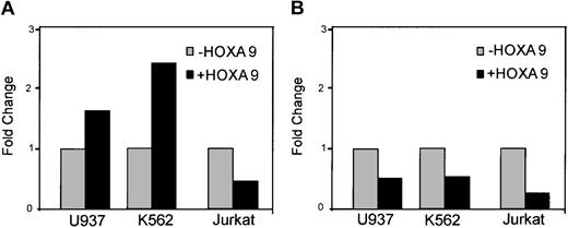 Figure 4. Reporter gene analysis of HOXA9 target promoters in all 3 cell lines. Luciferase reporter plasmids contain the following promoter regions: (A) ALDH1 promoter (–980 to +23); (B) CD36 promoter (–1129 to +36).