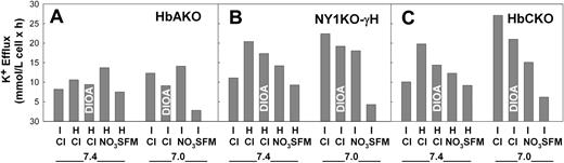 Figure 1. K+ efflux properties of red cells from mice expressing exclusively human hemoglobins. We determined the total K+ efflux in red cells as described in “Materials and methods” in 330 mOsm isotonic (I) or 250 mOsm hypotonic (H) media when the anion was either NO3- (NO3), Cl- (Cl), or sulfamate (SFM) at pH 7.4 or pH 7.0 in the presence or absence of 10 μM DIOA. (A) K+ efflux properties of red cells from a HbAKO mouse. This panel shows a representative experiment in red cells combined from 3 mice. Two different experiments were done on a total of 6 different mice. (B) K+ efflux properties of red cells from a NY1KO-γH mouse. This panel shows a representative experiment in red cells combined from 3 mice. Two different experiments were done on a total of 5 different mice. (C) K+ efflux properties of red cells from a HbCKO mouse. This panel shows a representative experiment in red cells combined from 3 mice. Three different experiments were done on a total of 6 different mice.
