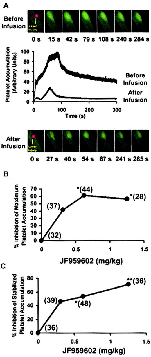 Figure 3. Effect of PDE3A inhibition by JF959602 on platelet accumulation into thrombi. Postinfusion thrombi and the matching preinfusion thrombi constituting a pair were compared for statistical analysis using the Wilcoxon rank sum test (*P < .05, **P < .01). (A) Platelet accumulation into thrombus before and after infusion of JF959602 of a representative experiment is shown. The corresponding fluorescence microscopy images at different time points following laser injury are shown above and below the graph. The infusion of JF959602 led to a significant inhibition of platelet accumulation into thrombus. (B) In the presence of 0.6 mg/kg (P < .05) and 1.2 mg/kg (P < .05) JF959602, a statistically significant decrease in the median of maximum platelet accumulation compared with the absence of JF959602 was observed. The numbers in parentheses indicate the number of thrombi in each data set. (C) A dose-dependent inhibition of the median stabilized platelet accumulation was also observed in the presence of 0.6 mg/kg (P < .05) and 1.2 mg/kg (P < .01) JF959602. The numbers in parentheses indicate the number of thrombi represented by each data set.