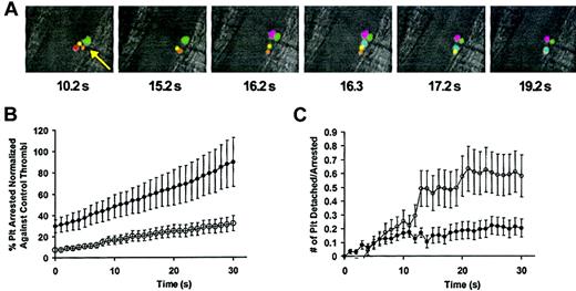 Figure 6. Effect of PDE3A inhibition by JF959602 on the initial rate of platelet arrest and detachment at sites of vascular injury following laser-induced endothelial cell injury. (A) Images from experiments using calcein-labeled platelets were manually colored for identification of individual platelets over time to demonstrate the dynamics of platelet accumulation at the site of vascular injury. Changes in the composition of platelets at the site of injury (arrow) indicates arrest and detachment of individual platelets. These analyses indicate that only 14% of platelets that arrest at the site of arteriolar injury are incorporated into the thrombus. (B) The initial rate of platelet arrest was quantified for 30 seconds following laser-induced injury by counting the number of calcein-labeled platelets that arrested for at least 1 second at the site of vascular injury. The presence of 1.2 mg/kg JF959602 (○) (n = 22) significantly decreased the initial rate of platelet arrest compared with the saline control (•) (n = 34). Error bars represent mean ± 1 SEM. (C) The initial rate of platelet detachment was quantified by counting the number of arrested calcein-labeled platelets that detached from the thrombus for 30 seconds following injury. The presence of 1.2 mg/kg JF959602 (○)(n = 22) significantly increased the initial rate of platelet detachment compared with the saline control (•)(n = 34). Error bars represent mean ± 1 SEM.
