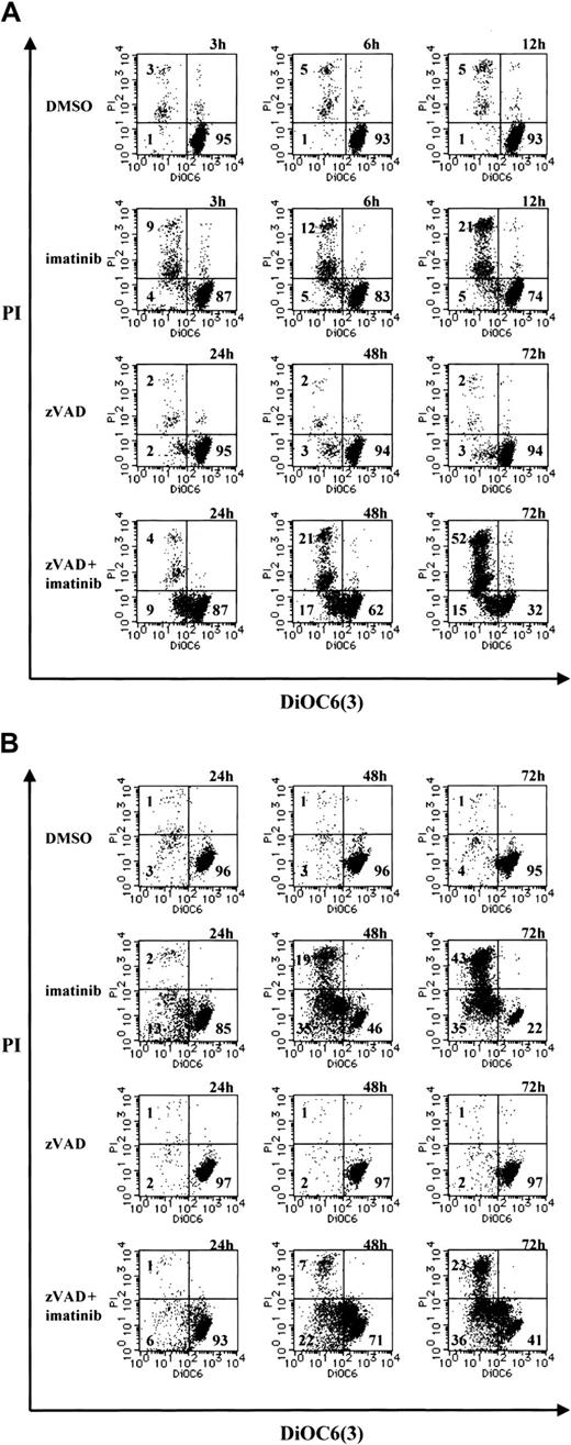 Figure 6. Mitochondrial transmembrane potential (ΔΨm) is lost in the early phase of necrosis. (A) BV173 cells were treated with DMSO or imatinib for 3, 6, and 12 hours and treated with zVAD or zVAD + imatinib for 24, 48, and 72 hours. (B) K562 cells were treated with DMSO, imatinib, zVAD, and zVAD + imatinib for 24, 48, and 72 hours. These cells were followed by incubation with DiOC6(3) and PI. ΔΨm and cell death were determined by dual-parameter flow cytometry. Results are representative of 4 individual experiments.