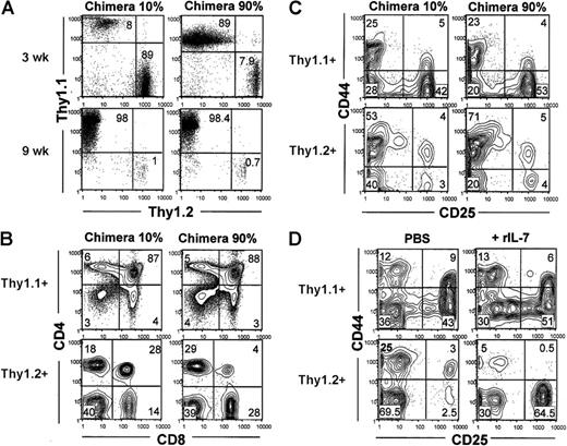 Figure 6. Presence of AKR/J thymocytes induces arrest of early T-cell development within control thymocytes that is overcome by addition of exogenous IL-7. (A) Total thymocytes were isolated from mixed BM chimeras reconstituted with 10% or 90% of AKR/J inoculum at 3 and 9 weeks after transfer and stained using biotin–anti-Thy1.1 and PE–anti-Thy1.2. FACS profiles show the distribution of AKR/J (Thy1.1+) versus B10.BR (Thy1.2+) donor-derived thymocytes. (B) Total thymocytes were isolated from mixed BM chimeras reconstituted with 10% or 90% of AKR/J BM cells at 6 weeks after transfer and analyzed by 4-color staining using biotin–anti-Thy1.1, PE–anti-Thy1.2, APC–anti-CD4, and FITC–anti-CD8. FACS profiles show the distribution of CD4 versus CD8 within gated Thy1.1+ or Thy1.2+ thymocytes. (C) Total thymocytes were isolated from mixed BM chimeras reconstituted with 10% or 90% of AKR/J BM cells at 6 weeks after transfer and analyzed by 4-color staining using a cocktail of Cy–(anti-CD4, anti-CD8, anti-TCRαβ) antibodies together with APC–anti-CD25, FITC–anti-CD44, and biotin–anti-Thy1.1 or biotin–anti-Thy1.2. FACS profiles show the distribution of CD25 versus CD44 among gated Thy1.1+ or Thy1.2+ thymocytes within TN (CD4–CD8–TCRαβ–) cell population. Results (A-C) are representative of 5 independent experiments with n = 3 mice per group of BM chimeric mice. (D) At 9 weeks after transfer, mixed BM chimeras were injected intraperitoneally with PBS or mouse recombinant IL-7 (10 μg/mouse) during 7 consecutive days. Subsequently, cells were recovered from thymus and stained as described in panel B. FACS profiles show the distribution of CD25 versus CD44 within gated Thy1.1+ or Thy1.2+ thymocytes within TN (CD4–CD8–TCRαβ–) cell population in PBS versus IL-7–treated mice. Results (D) are representative of 2 individual experiments with 2 mice per group of BM chimeric mice. Numbers shown in FACS profiles denote percentages of cells in each quadrant.