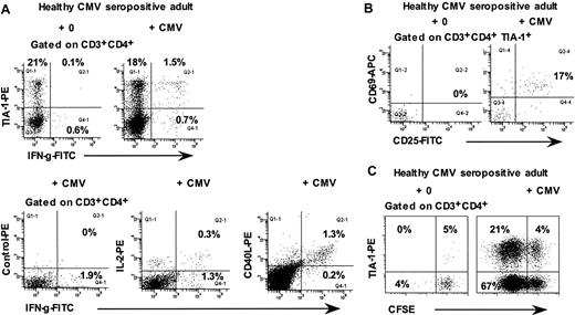 Figure 5. Responses of CD4+ T lymphocytes from CMV-seropositive healthy adults to CMV lysate. (A) Flow cytometry histograms, gated on CD3+CD4+ lymphocytes, showing intracellular IFN-γ production by the TIA-1+ subset in response to CMV lysate. (B) Flow cytometry histograms, gated on TIA-1+ CD3+CD4+ lymphocytes, showing expression of CD69 and CD25 after incubation of whole blood for 48 hours with CMV lysate. (C) Flow cytometry histograms, gated on CD3+CD4+ lymphocytes, showing proliferation of TIA-1+ cells in response to CMV lysate. Results are representative of 3 to 4 experiments.