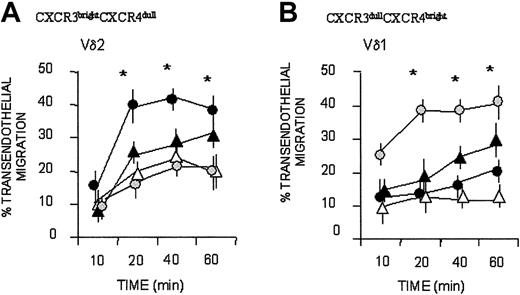 Figure 4. Vδ1 and Vδ2 T-cell migration in response to CXC and CC chemokines. Vδ2 (A) and Vδ1 (B) γδ T-cell lines were assayed for transmigration across HUVEC monolayers at different time points, in the absence (Nil, ▵) or presence of the chemokines SDF-1/CXCL12 (), IP-10/CXCL10 (•), I-309/CCL1 (▴), all at 50 ng/mL. Results are expressed as percentage of transendothelial migration, calculated as described in “Patients, materials, and methods,” and are the mean ± SD from 6 independent experiments with cell lines from 6 donors. *Student t test; P < .05.