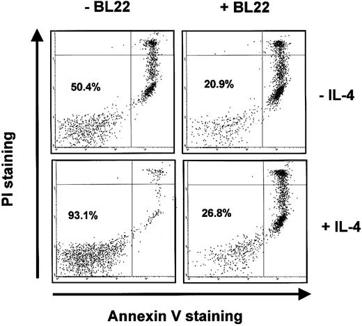 Figure 7. Induction of apoptosis by BL22 in the presence of IL-4. B-CLL cells were grown for 72 hours in the presence or absence of 10 ng/mL IL-4 and 1000 ng/mL BL22. Cells were then stained with PI and Annexin V-FITC, as described in “Patients, materials, and methods.” Numbers indicate the percentages of viable cells (Annexin V-/PI-).