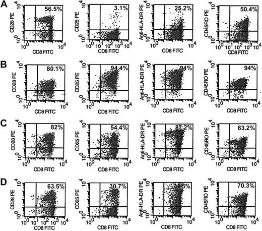 Figure 5. Phenotype and activation changes in CD8+ cells after stimulation by allogeneic DCs with and without anti-IL-15 antibodies. CD8+ cells from HIV-infected subjects were either (A) control (10 U/m recombinant human IL-2), (B) polyclonally stimulated by anti-CD3 and anti-CD28 antibodies, (C) cocultured with allogeneic DCs (1:5 DC/CD8+ cell ratio), or (D) cocultured with allogeneic DCs in the presence of 10 μg/mL anti-IL-15 antibody for 6 days. CD8+ cells were removed and assessed by FACS for activation markers after staining with fluorophore-conjugated antibodies to CD28, CD25, HLA-DR, and CD45RO. Percentages reflect the number of CD8+ cells expressing that phenotype marker. Results are representative of 5 separate experiments.