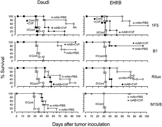 Figure 2. The effect of the depletion of complement with CVF on the therapeutic activity of rituximab, 1F5, B1, and M15/8 in SCID mice. Groups of 4 to 5 SCID mice were injected with 2.5 × 106 Daudi or EHRB cells intravenously on day 0, and then treated with 100 μg 1F5, rituximab, or B1 (anti-CD20), M15/8 (anti-BCR), or PBS (cont) intravenously on day 7. In the complement-depleted groups (solid symbols), the animals were injected with 25 μg CVF intraperitoneally on days 7, 9, and 12 after tumor inoculation. Mice were culled when rear-leg paralysis was observed.