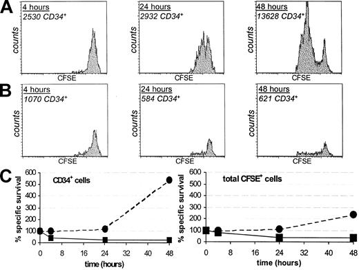 Figure 6. Differential recognition of proliferating CD34+ CML precursors. Plotted are the CFSE histograms of the viable CD34+ target cells after 4, 24, and 48 hours of incubation in the absence (A; target control) or presence (B) of HLA-A1-restricted HY-specific CTLs at a 1:1 E/T ratio. The absolute numbers of viable CD34+ cells are indicated. (C) The percentages of cells within the CD34+ fraction and the total CFSE+ target cell population which survived after 4, 24, and 48 hours of T-cell exposure (solid lines, ▪), or after culture for the same periods of time in the absence of T cells (target control; dashed lines, •).