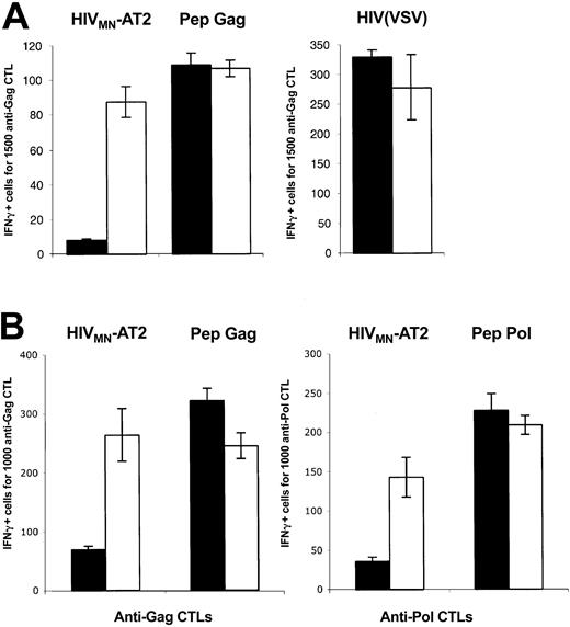 Figure 2. DC-SIGN promotes MHC-I–restricted HIV-1 exogenous presentation. (A) C1RA2 (▪) and C1RA2-DCS (□) cells were used as stimulator cells in an IFNγ Elispot assay. The effector was the CD8+ CTL line EM71-1, which recognizes an HLA-A2–restricted epitope (SL9) from the Gag p17 protein. Stimulating cells were exposed to the indicated viruses and incubated with EM71-1 cells. Activity of EM71-1 cells is depicted as the number of IFN-γ–positive cells for the indicated number of effectors. As a positive control, stimulating cells were pulsed with the cognate peptide (SL9, 0.05 nM). Viral inoculum was 300 ng of p24/106 cells. HIV(VSV) is an env-deleted HIV-1 vector pseudotyped with the VSV-G envelope. HIVMN-AT2 are aldrithiol 2–inactivated virions (X4 strain MN). (B) T3 (▪) and T3-DCS (□) cells were used as stimulator cells in an IFNγ Elispot assay, as described in panel A. There were 2 effectors used, EM71-1 (left panel) and EM23 (right panel), of which the latter recognizes an HLA-A2–restricted epitope (IV9) from the Pol RT protein. SL9 and IV9 peptides were used at 1 nM. Data are mean ± SD of triplicates and are representative of 3 independent experiments.
