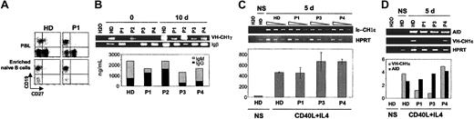 Figure 3. ICF B-cells switch and secrete immunoglobulins after in vitro CD40L and IL-4 stimulation. (A) Enrichment of naive B cells from P1 and an HD. Naive CD19+CD27- B cells were enriched up to 95% by means of the StemSep B-cell enrichment system, and controls were depleted of memory B cells with the use of CD27 microbeads on a MiniMACS magnetic sorter. Results are representative of all patients and HDs. (B) (C) (D) Enriched naive B cells of patients and 4 HDs were stimulated in vitro with irradiated CD40L-transfected fibroblasts and rIL-4. Panel B (top) shows RT-PCR on VH-CH1γ and Igβ transcripts at time zero or after 10 days' stimulation. Bottom histogram in panel B shows total immunoglobulin production after 10 days' stimulation expressed in nanograms per milliliter. ▦ represents IgM fraction; ▪, IgG fraction. Panel C shows Iϵ-CH1ϵ and HPRT transcripts amplified by PCR from decreasing cDNA amounts (3, 2 and 1 μL) from patients and HDs. Panel D shows PCR amplification of AID, VH-CH1ϵ, and HPRT transcripts with the use of 3 μL cDNA. Histograms in panels C and D show transcription rate values normalized to HPRT values after quantification by means of MacBAS software (Fuji Film, Tokyo, Japan). Ratios are expressed on an arbitrary unit. Bars indicate SD. NS indicates unstimulated.