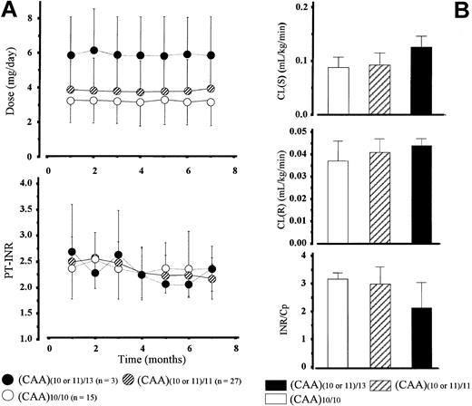 Figure 2. Polymorphisms of the γ-glutamylcarboxylase gene (CAA repeats in intron 6) and in vivo pharmacodynamic and pharmacokinetic outcomes of warfarin. (A) Time course of changes in warfarin daily dose and INR values during the observation period (7 months) in patients with various patterns of the microsatellite (CAA repeat) in the GGC gene. (B) Comparisons of warfarin clearance and INR/Cp among the 3 GGC genotypic groups. Bars represent the mean ± SD.